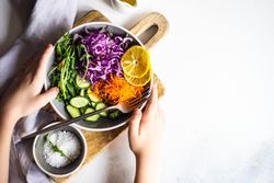 Top view of healthy salad concept with red cabbage with copy space
