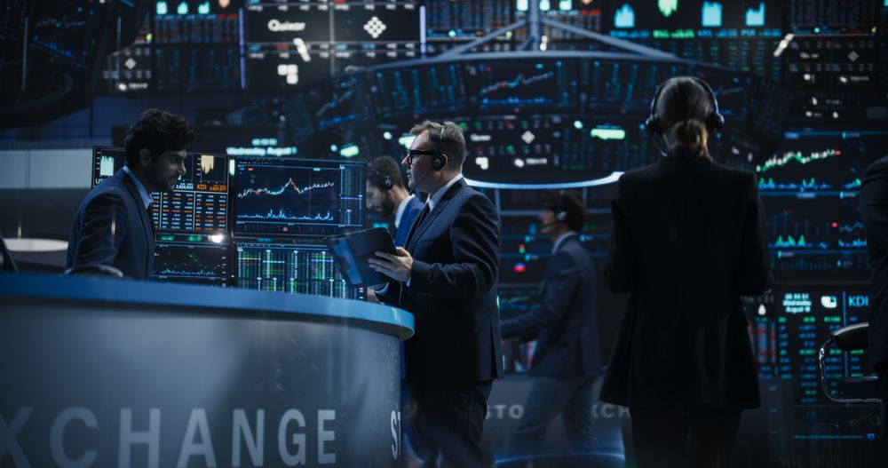 Cinematic Portrait with Handsome Diverse Stock Exchange Brokers at Work.