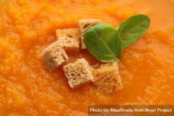 Close up of pumpkin soup croutons 56ppjb