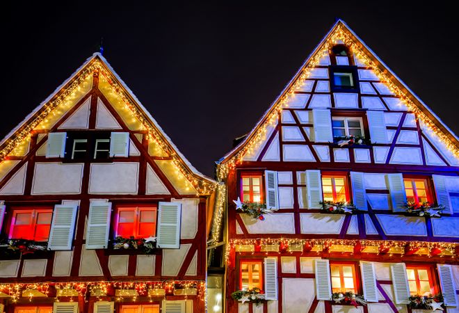 Christmas lights on buildings in Colmar, Alsace, France