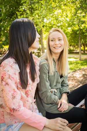 Multiethnic friends speaking on bench