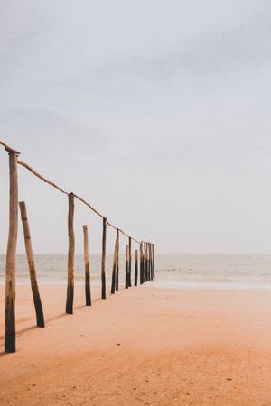 Brown wooden poles on sand near sea