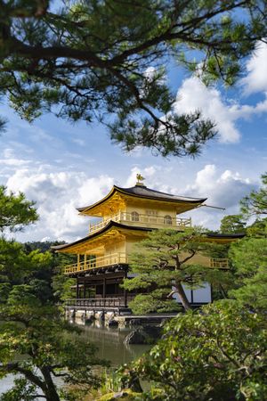 Golden Japanese temple surrounded by lake and trees