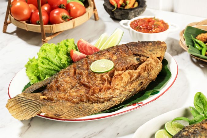 Close Up Ikan Gurami Goreng, Deep Fried Gourami  with Sambal