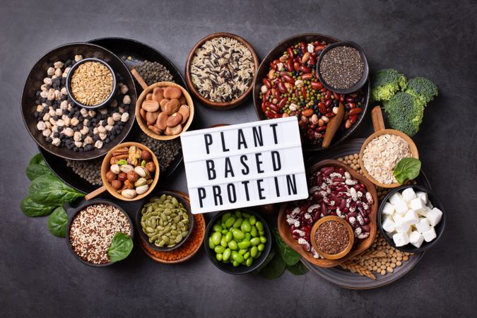 Bowls of healthy grains and vegetables with “Plant Based Protein” sign