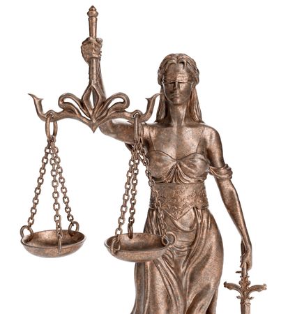 Bronze Lady of Justice Statue Isolated on a Plain Background.