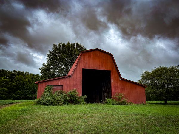 Red barn in the storm