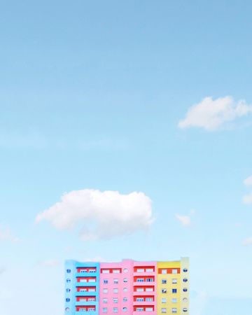 Colorful building under blue sky in Seixal, Setubal, Portugal