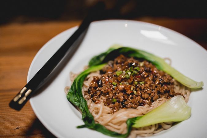 Served appetizing beef noodles in Asian restaurant