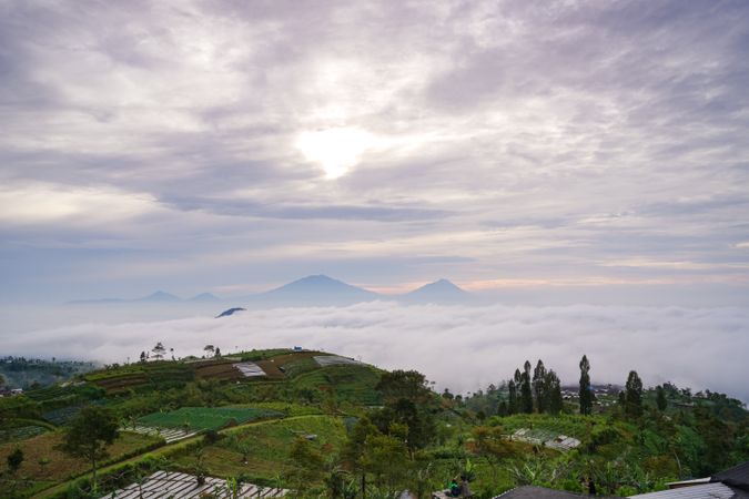 A beauty landscape clouds over the mountains and ricefields in java indonesia