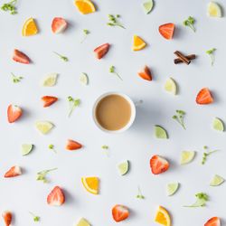 Pattern with strawberry, lime, oranges, leaves and coffee