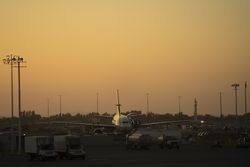 Landed airplane in airport preparing for takeoff