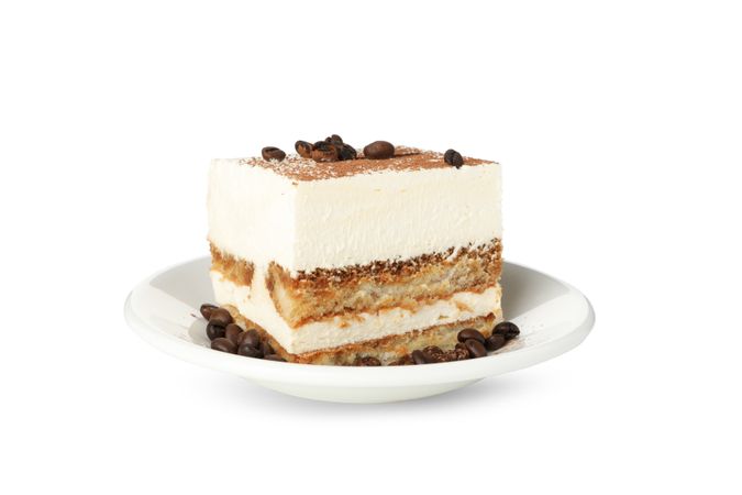 Sweet tiramisu isolated on blank background. Tasty dessert