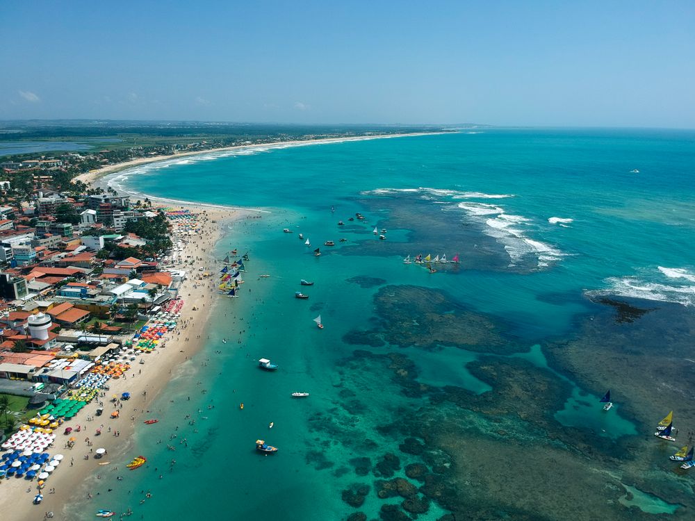 Aerial shot of town and beach of Porto de Galinhas