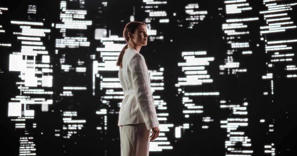 Beauty Footage in Cyberspace Futuristic World: Young Female Poses with Confidence