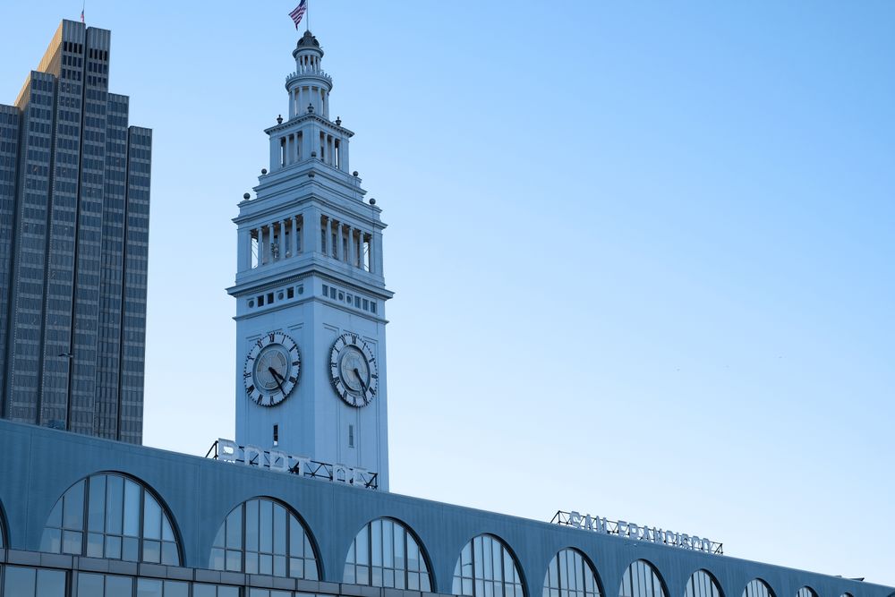 Clock tower of railway station in city