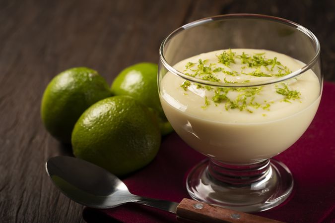 Lemon mousse with lemon zest on top.