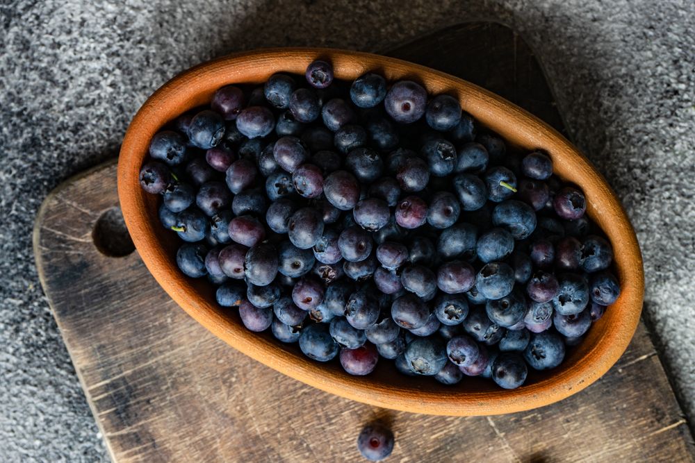 Top view of blueberries in terracotta dish