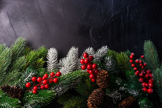 Christmas frame concept of pine cones and berries on concrete background