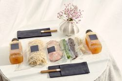Set of ramen soup ingredients in vacuum bags