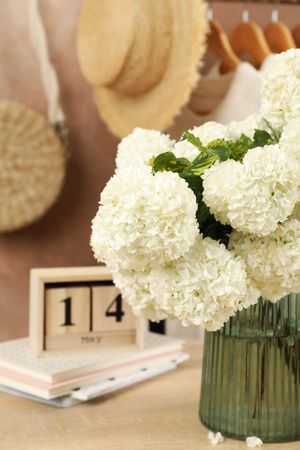 Composition with hydrangea flowers. Spring vibes. Female concept