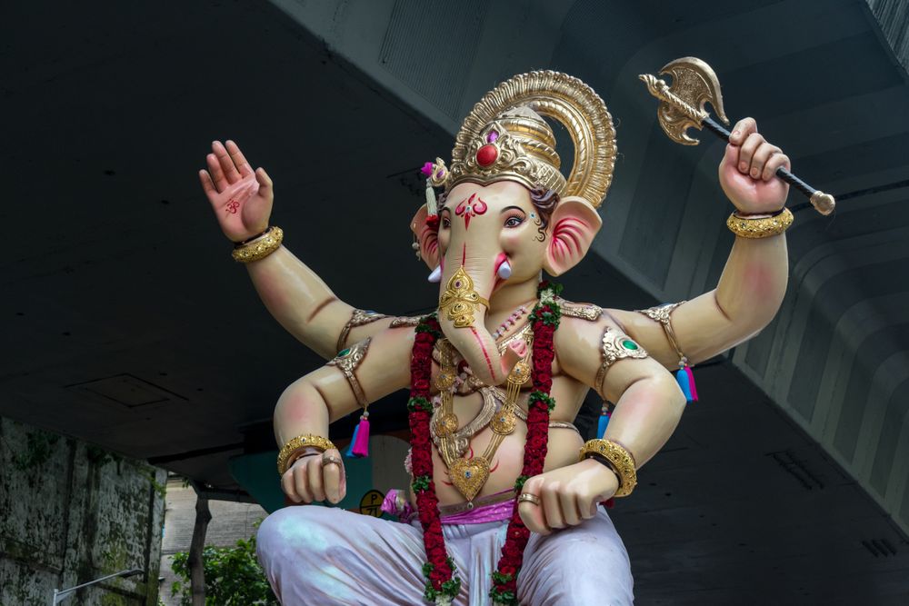 A beautiful idol of Lord Ganpati being displayed in a procession called Aagman Sohala in Mumbai, India for the festival of Ganesh Chaturthi