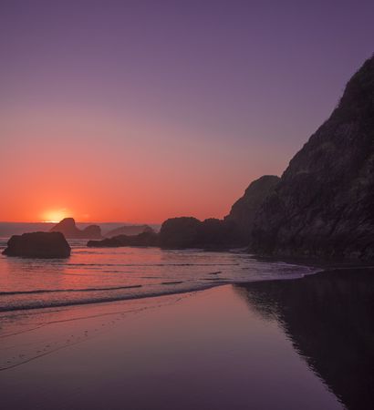 Rocky beach in Northern California at sunset