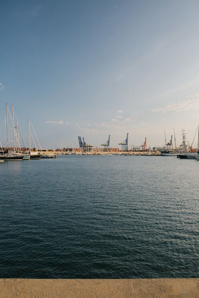 Slender rows of yachts with masts up at sunset in water