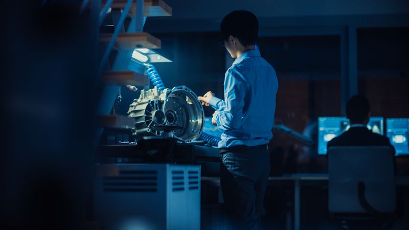 Professional Automotive Engineer in Glasses is Working on Transmission Gears in a High Tech Innovative Laboratory with a Computer Screens.