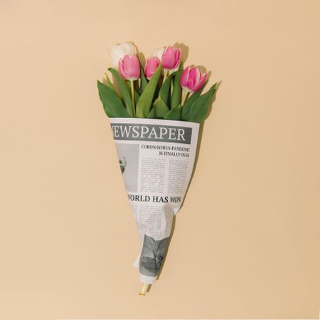 Spring tulips flowers wrapped in newspapers with Global Pandemic headline