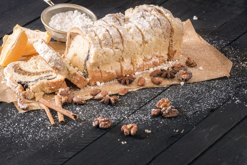 Sliced pound cake with nuts and spices