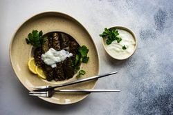 Top view of traditional Georgian dolma dish on modern plate