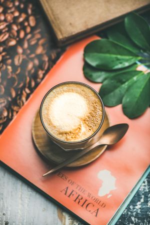 Top view of latte on orange table setting with outline of Africa