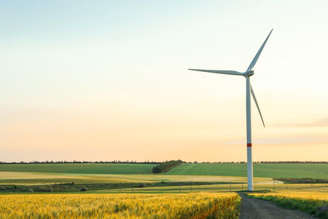 Wind turbine and beautiful fields at sunset, space for text