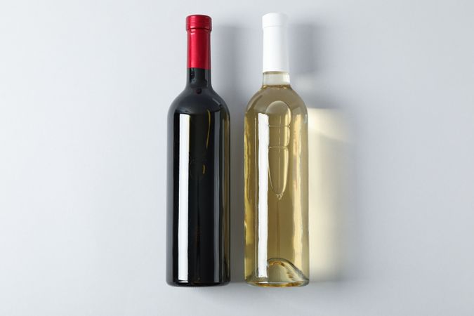 Bottles with wine on grey background, space for text