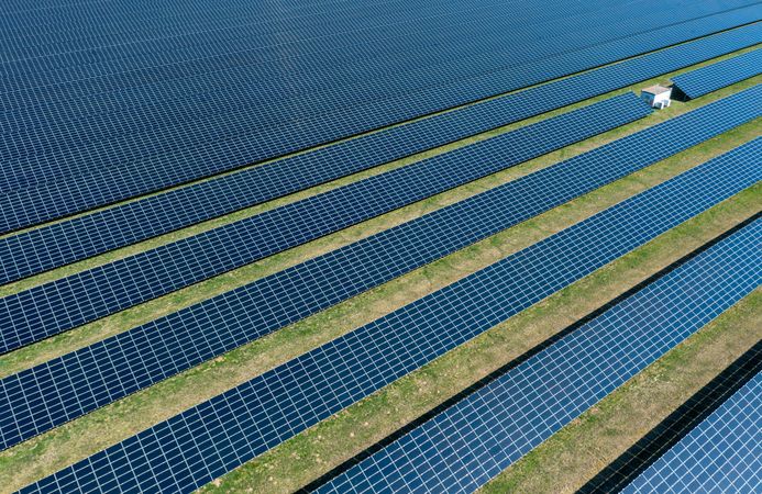 Modern solar panels, drone view on a sunny day in spring in Heilbronn, Germany
