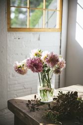 Bunches of flowers in vases on table