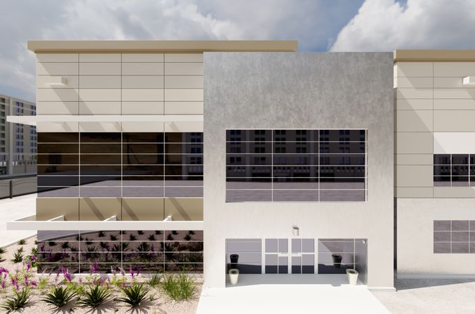 Beautiful New Contemporary Commercial Office Building. 3D Rendering.