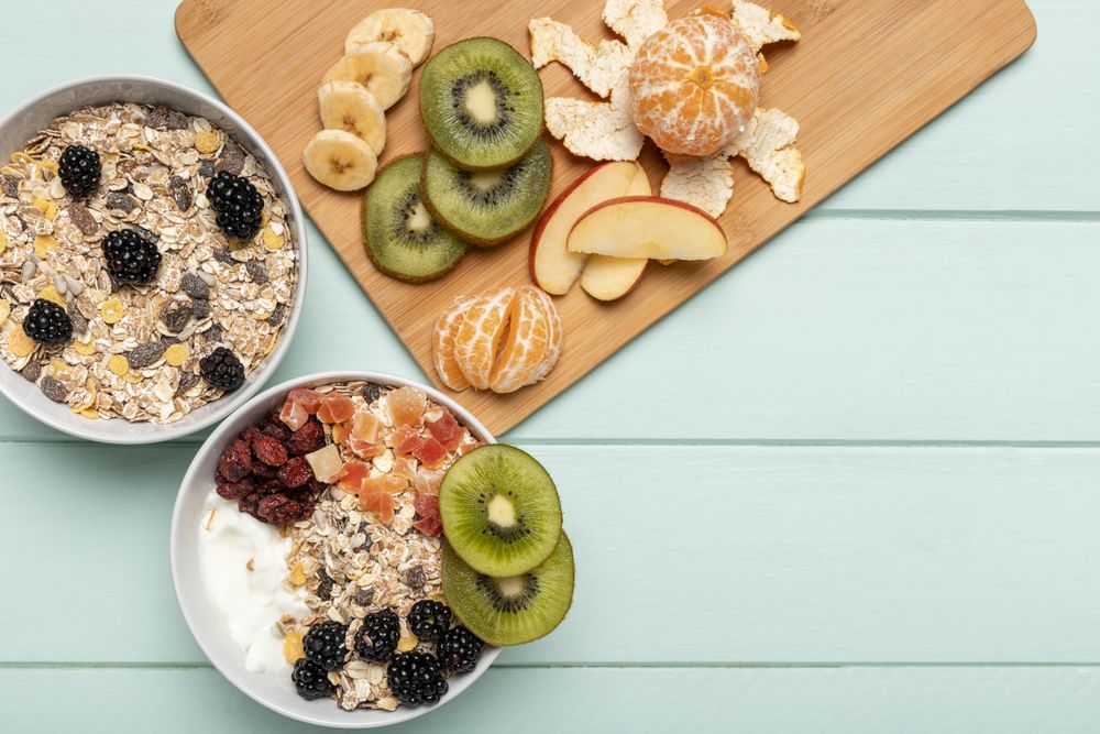 Top view of healthy breakfast with muesli