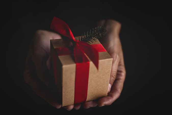 Crop person showing Christmas gift