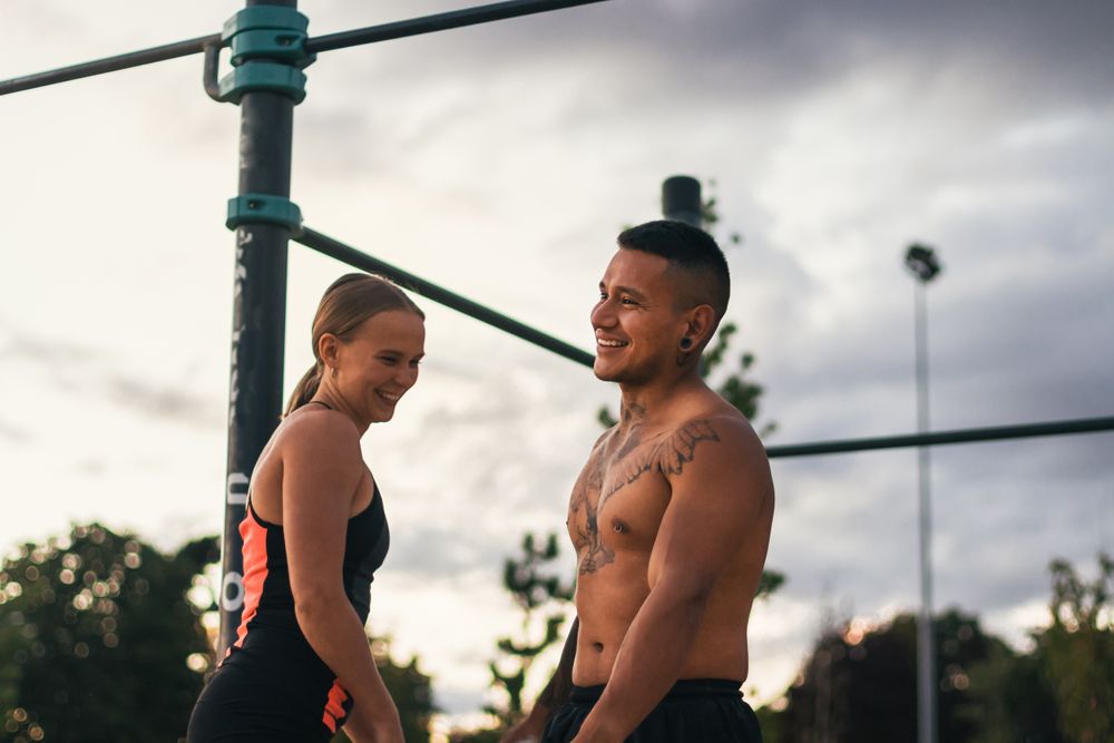 interracial couple training outdoors