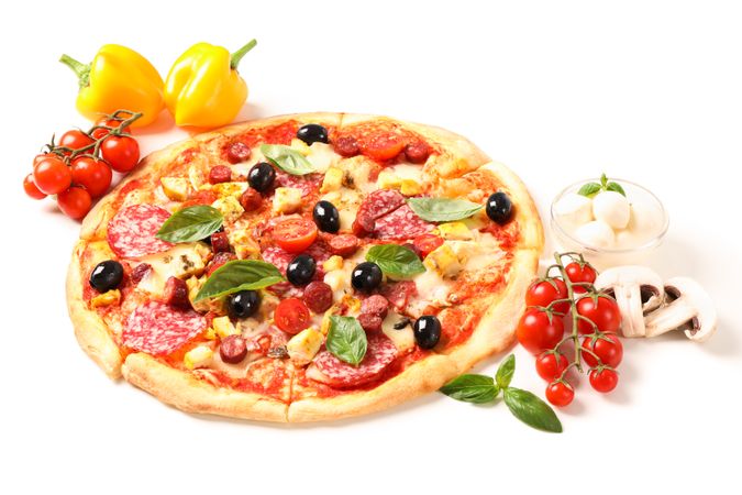 Delicious pizza and ingredients isolated on blank background