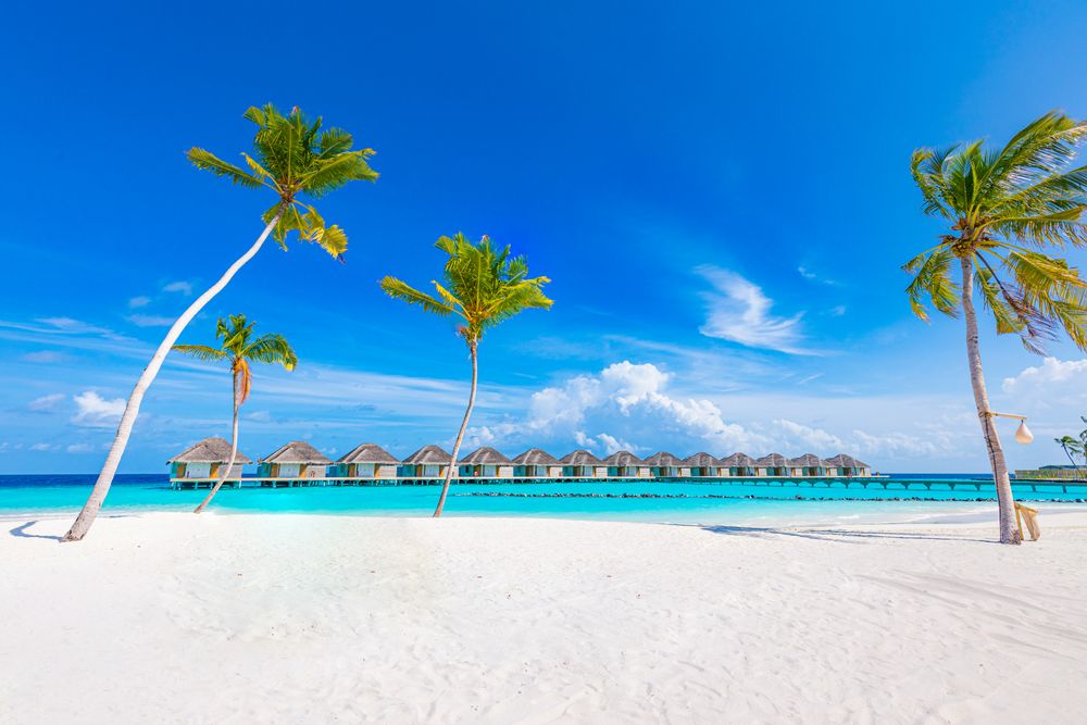 A row of overwater bungalows in the Indian Ocean