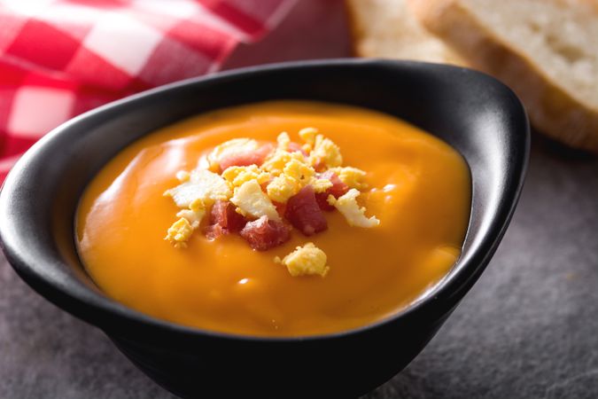Bowl with salmorejo ham and hard boiled egg