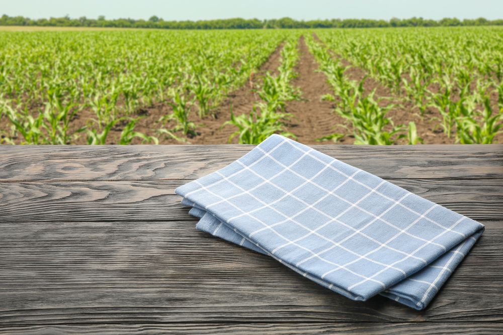 Wooden table with towel against field. Agriculture concept