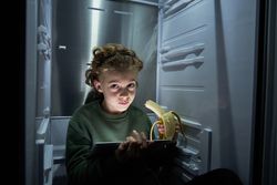 Boy with tablet sitting in fridge