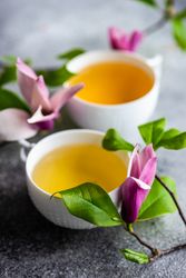 Spring floral concept with magnolia with green tea