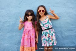 Portrait of two little girls standing together wearing sunglasses gesturing peace signs bxqev0