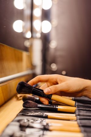 Assortment of makeup brushes arranged on table
