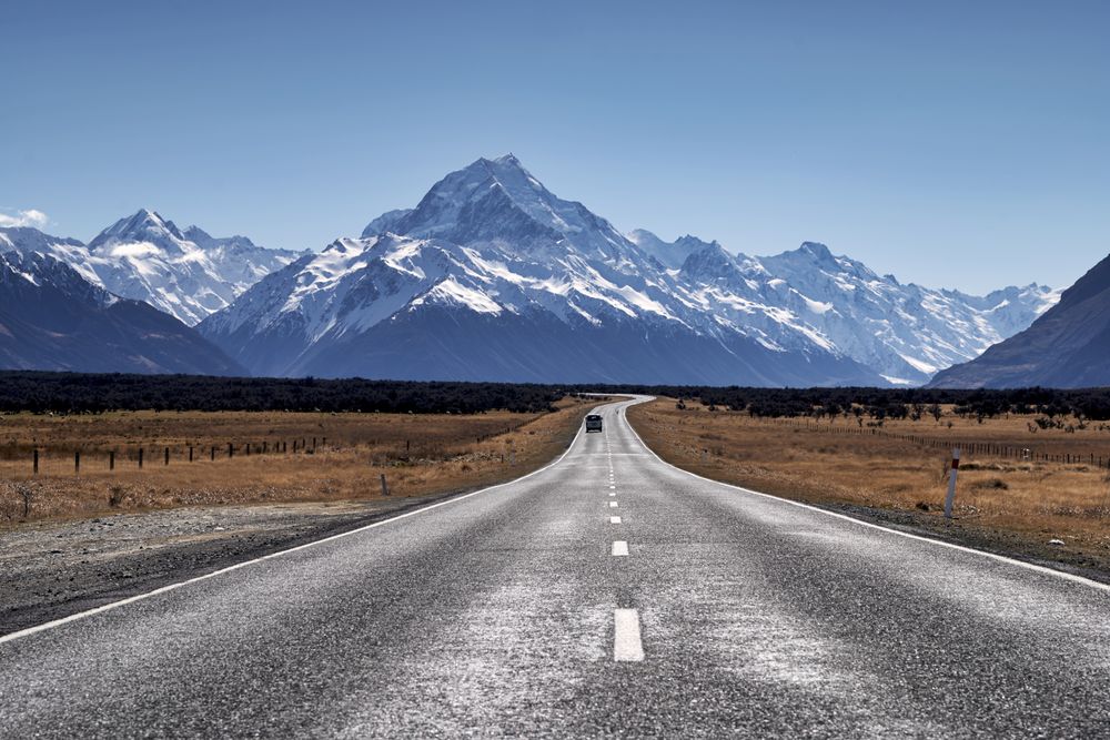 Concrete road towards Mount Cook, Canterbury, New Zealand